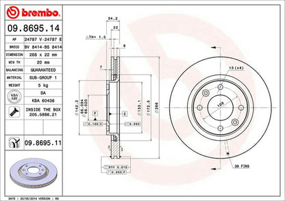 brembo BRAKE DISC PEUGEOT 206 T16XS/T16XT/T16L4/T16RG/T1NFU 2001/02〜2007/03 フロント左右セット 09.8695.11