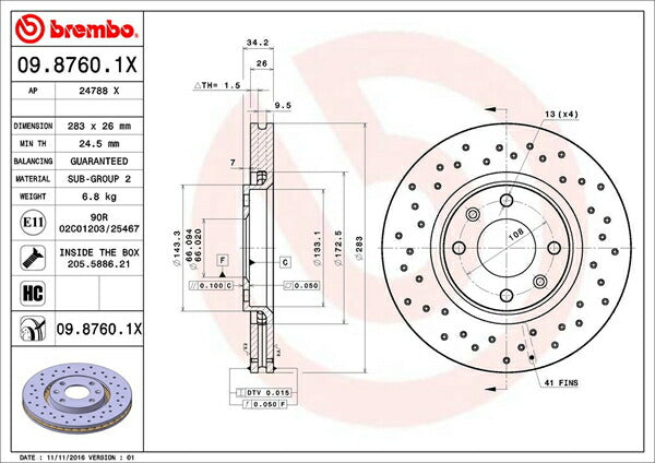 brembo XTRA BRAKE DISC PEUGEOT 207 CC A7C5FX 2007/06〜2012/11 フロント左右セット 09.8760.1X