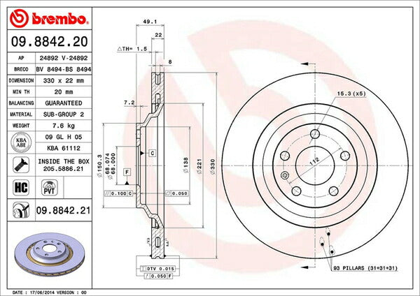 brembo BRAKE DISC AUDI A6(C6) 4FCAJS/4FCAJA 2004/09〜2012/02 リア左右セット 09.8842.21
