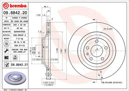 brembo BRAKE DISC AUDI A6(C6) 4FCAJS/4FCAJA 2004/09〜2012/02 リア左右セット 09.8842.21