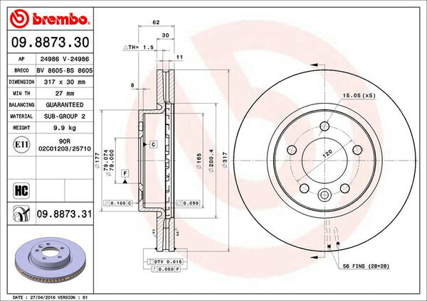 brembo BRAKE DISC LAND ROVER ディスカバリー(III) LA40/LA40A 2005/05〜2009/12 フロント左右セット 09.8873.31