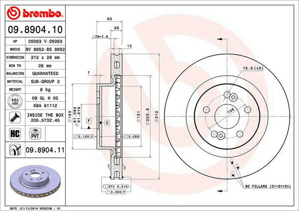 brembo BRAKE DISC RENAULT ルーテシア(クリオ)III RF4C 2009/10〜2013/09 フロント左右セット 09.8904.11