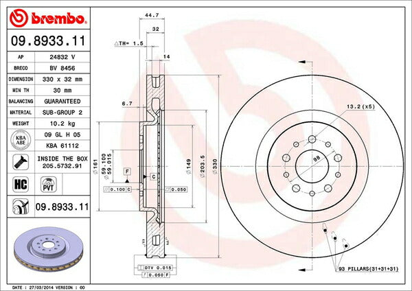 brembo BRAKE DISC ALFA ROMEO 147 937AXL 2003/10〜 フロント左右セット 09.8933.11