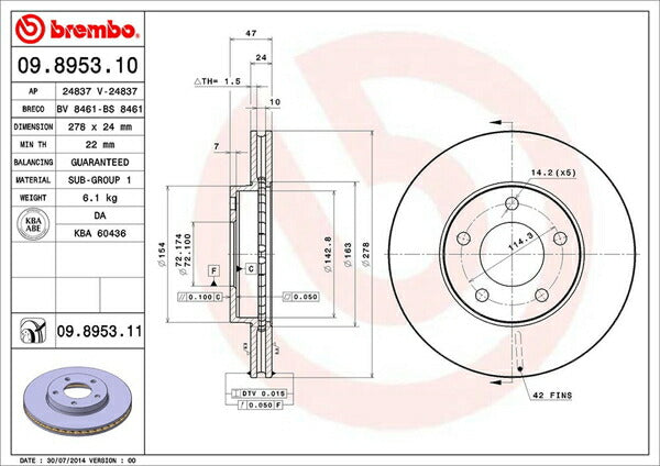 brembo BRAKE DISC マツダ トリビュート EPEW/EPFW/EP3W 2000/10〜 フロント左右セット 09.8953.11