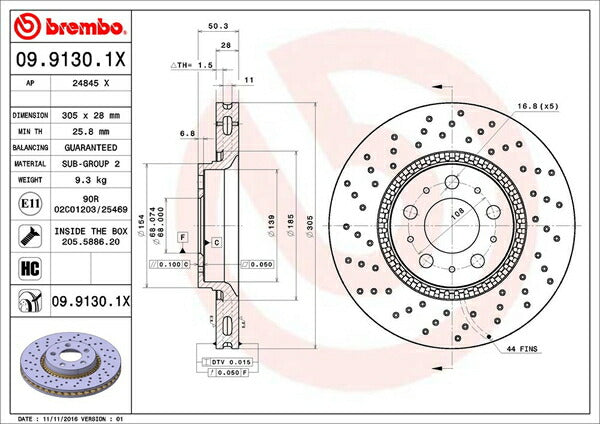 brembo XTRA BRAKE DISC VOLVO V70(II) SB5244W/SB5254W 2000/04〜2007/11 フロント左右セット 09.9130.1X