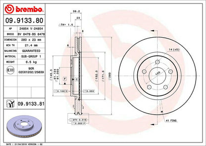 brembo BRAKE DISC CHRYSLER PTクルーザー PT2K20 2000/06〜2004/09 フロント左右セット 09.9133.81
