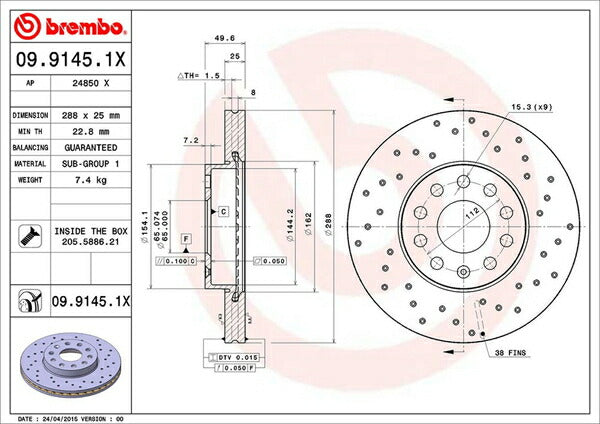 brembo XTRA BRAKE DISC AUDI A3スポーツバック 8PBYT/8PBZB/8PCDA 2007/04〜2013/09 フロント左右セット 09.9145.1X