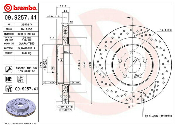 brembo BRAKE DISC MERCEDES BENZ CLK W209 209376 2003〜 リア左右セット 09.9257.41