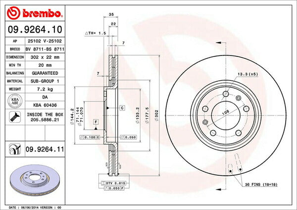 brembo BRAKE DISC CITROEN C6 X6XFV 2006/10〜 リア左右セット 09.9264.11