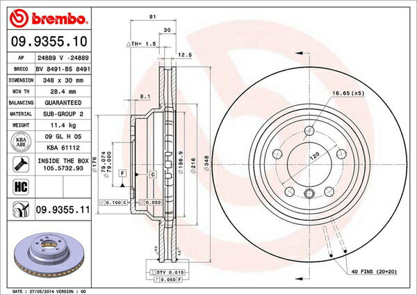 brembo BRAKE DISC BMW 7シリーズ E65/E66 GN60 2002/02〜2005/05 フロント左右セット 09.9355.10