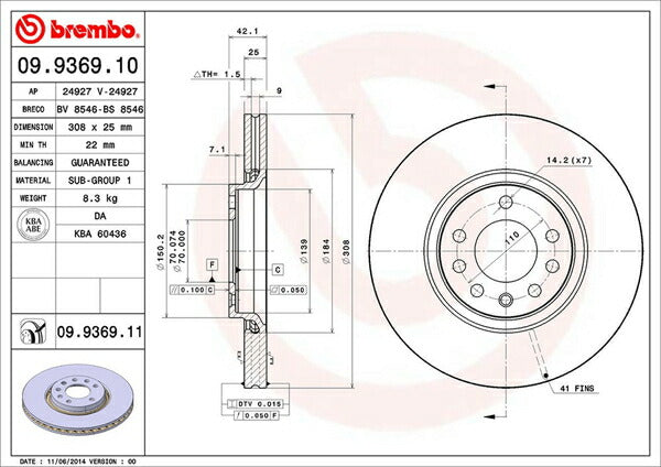 brembo BRAKE DISC SAAB 9-5 EB235 2000/08〜2002/03 フロント左右セット 09.9369.11