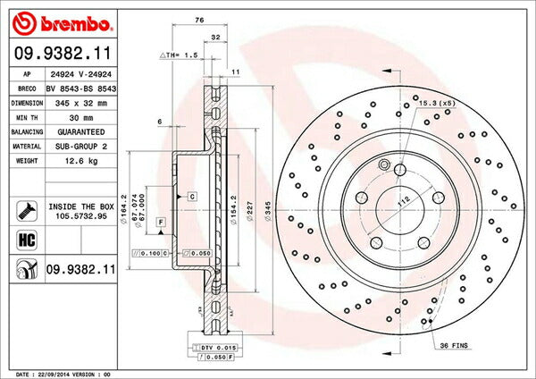 brembo BRAKE DISC MERCEDES BENZ Sクラス W220 220073/220173 1999/08〜2002/10 フロント左右セット 09.9382.11