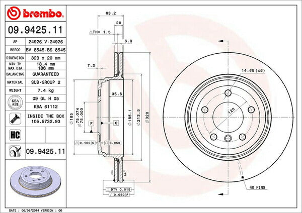 brembo BRAKE DISC BMW 5シリーズ E60(セダン) NA25 2003/08〜2005/05 リア左右セット 09.9425.11