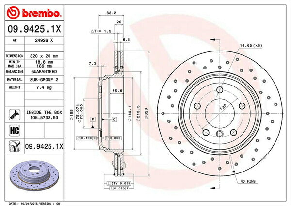 brembo XTRA BRAKE DISC BMW 5シリーズ E60(セダン) NA30/NE30/NU30 2003/08〜 リア左右セット 09.9425.1X