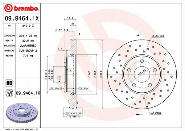 brembo XTRA BRAKE DISC VOLVO V50 MB5254/MB5254A 2004/05〜2013/01 フロント左右セット 09.9464.1X