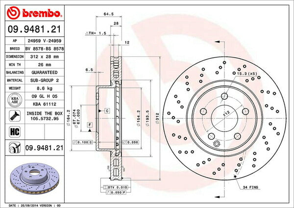 brembo BRAKE DISC MERCEDES BENZ SL R230 230467 2001/10〜2006/10 フロント左右セット 09.9481.21