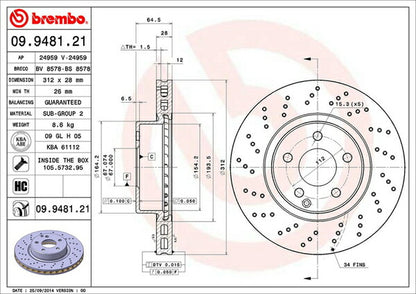 brembo BRAKE DISC MERCEDES BENZ SL R230 230467 2001/10〜2006/10 フロント左右セット 09.9481.21
