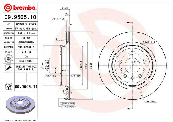 brembo BRAKE DISC SAAB 9-3 FB207 2003〜 リア左右セット 09.9505.11