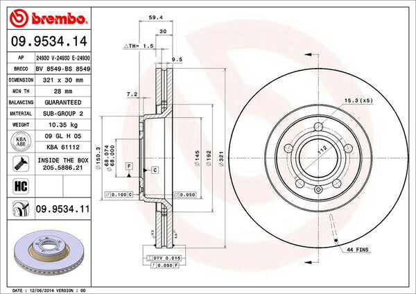 brembo BRAKE DISC AUDI A8 4EBPKF 2005/06〜2010/12 フロント左右セット 09.9534.11
