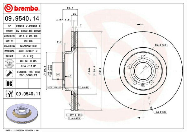 brembo BRAKE DISC AUDI A6(C6) 4FBDW 2004/09〜2012/02 フロント左右セット 09.9540.11