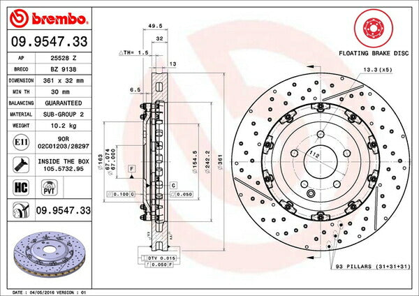 brembo フローティングディスク MERCEDES BENZ SLK R171 171473 2008/05〜2011/05 フロント左右セット 09.9547.33