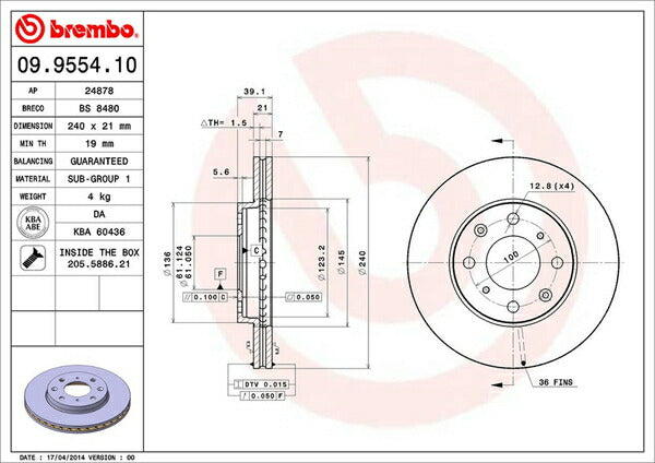 brembo BRAKE DISC ホンダ フィット GD3 2002/09〜2007/10 フロント左右セット 09.9554.10