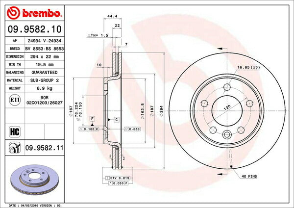 brembo BRAKE DISC VOLKSWAGEN T5 マルチバン リア左右セット 09.9582.11