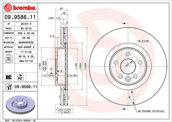 brembo BRAKE DISC VOLVO V60 FB6304T 2011/06〜 フロント左右セット 09.9586.11