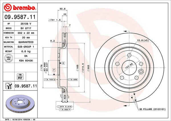 brembo BRAKE DISC VOLVO S80(II) AB6304T 2009/07〜 リア左右セット 09.9587.11
