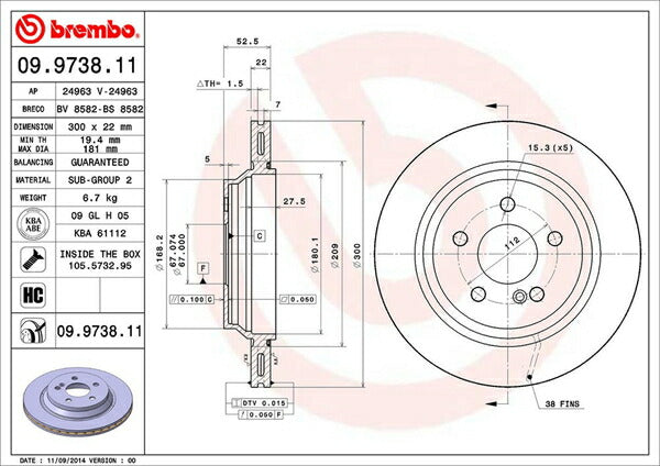 brembo BRAKE DISC MERCEDES BENZ Sクラス W220 220083 2002/11〜2005/09 リア左右セット 09.9738.11