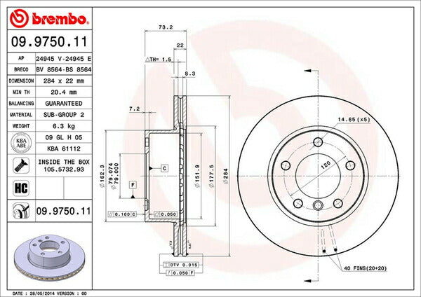 brembo BRAKE DISC BMW 1シリーズ E87 UE16 2010/05〜2011/09 フロント左右セット 09.9750.11