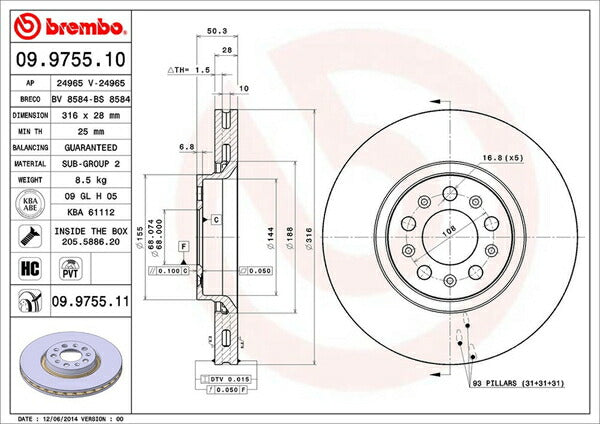 brembo BRAKE DISC VOLVO S60 RB5244T 2004/10〜2011/03 フロント左右セット 09.9755.11