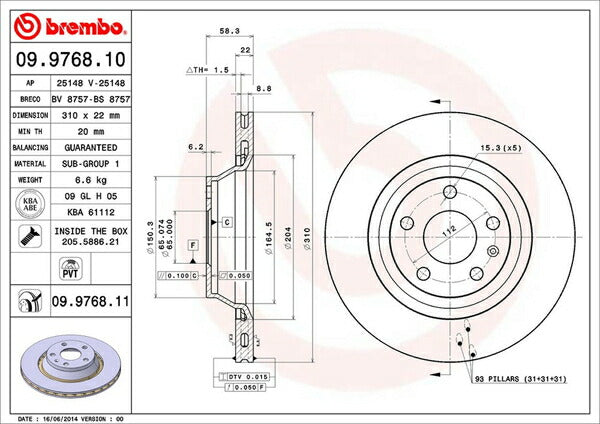 brembo BRAKE DISC AUDI TT 8JBUBF 2006/10〜2015/08 リア左右セット 09.9768.11