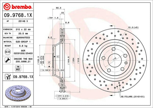 brembo XTRA BRAKE DISC AUDI TT 8JBUBF 2006/10〜2015/08 リア左右セット 09.9768.1X