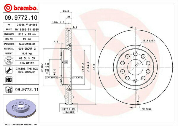 brembo BRAKE DISC VOLKSWAGEN ジェッタ 1KAXX 2009/11〜 フロント左右セット 09.9772.11