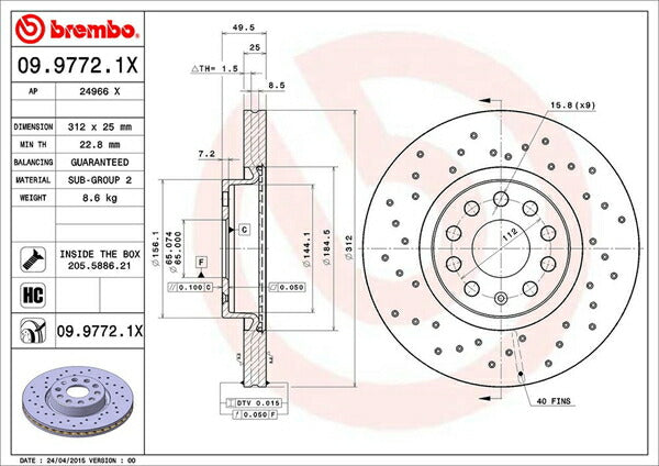 brembo XTRA BRAKE DISC AUDI A3スポーツバック 8PCCZF 2008/09〜2013/09 フロント左右セット 09.9772.1X