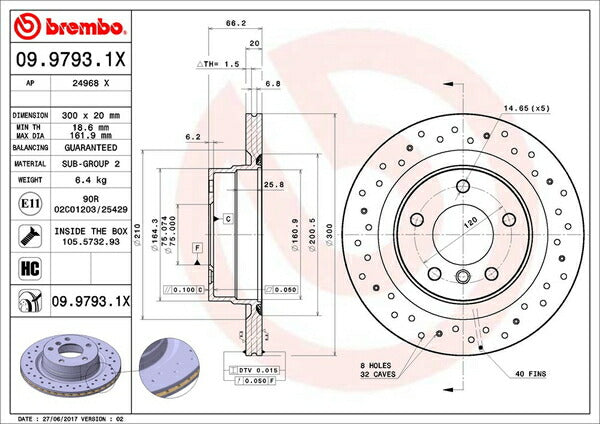 brembo XTRA BRAKE DISC BMW 3シリーズ E91(ツーリング) VR20 2009/09〜2010/05 リア左右セット 09.9793.1X