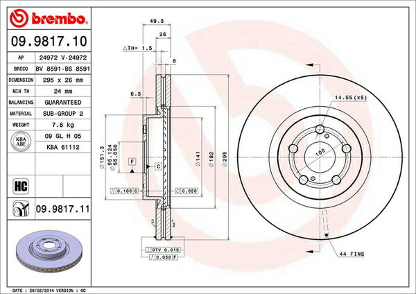 brembo BRAKE DISC トヨタ アベンシス AZT250/AZT251/AZT255 2003/07〜2011/09 フロント左右セット 09.9817.10