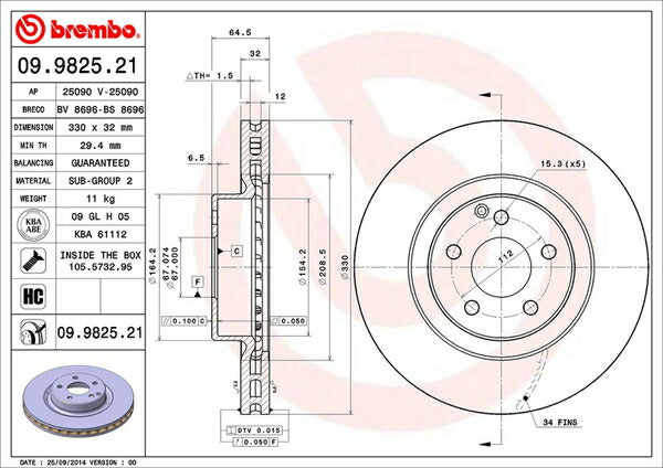 brembo BRAKE DISC MERCEDES BENZ GLKクラス X204 204981 2008/10〜2012/07 フロント左右セット 09.9825.21