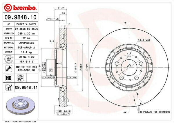 brembo BRAKE DISC VOLVO XC90 CB8444AW 2005/08〜 フロント左右セット 09.9848.11