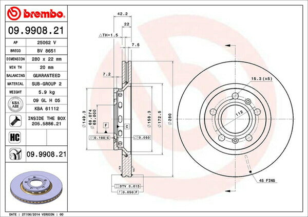 brembo BRAKE DISC AUDI A8 4EBPKF 2005/06〜2010/12 リア左右セット 09.9908.21