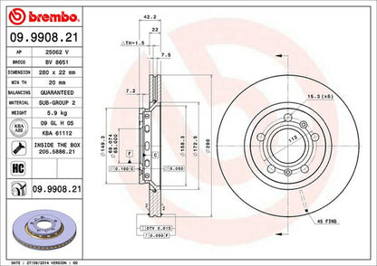 brembo BRAKE DISC AUDI A8 4EBPKF 2005/06〜2010/12 リア左右セット 09.9908.21