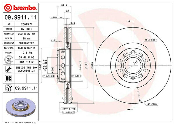 brembo BRAKE DISC AUDI A8 4EBPKF 2005/06〜2010/12 フロント左右セット 09.9911.11