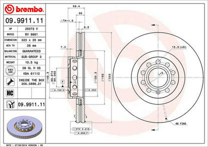 brembo BRAKE DISC AUDI A8 4EBPKF 2005/06〜2010/12 フロント左右セット 09.9911.11