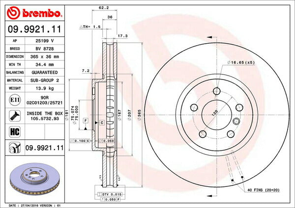 brembo BRAKE DISC BMW X6 E71 FG44 2008/06〜2010/04 フロント左右セット 09.9921.11