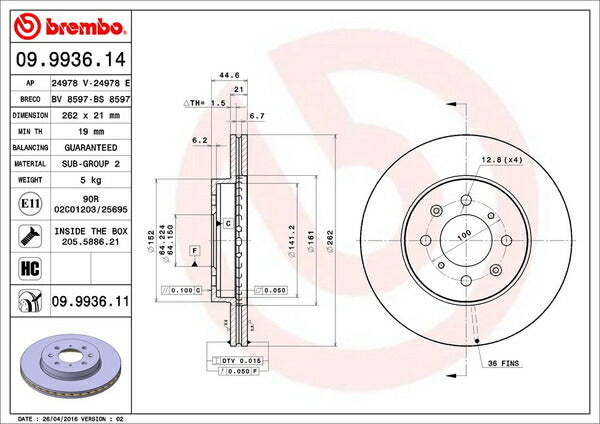 brembo BRAKE DISC ホンダ フィット GE7/GE9 2007/10〜2009/10 フロント左右セット 09.9936.11