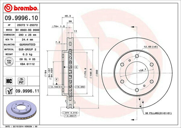 brembo BRAKE DISC ミツビシ パジェロ V63W/V65W/V68W 1999/06〜2006/08 フロント左右セット 09.9996.10