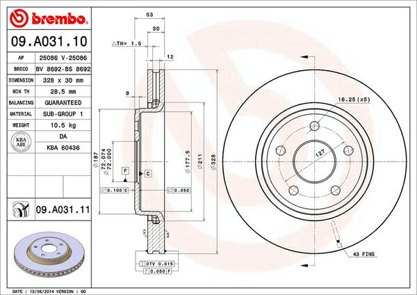 brembo BRAKE DISC JEEP グランドチェロキー WH57 2005/07〜2011 フロント左右セット 09.A031.11