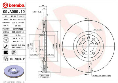 brembo BRAKE DISC PEUGEOT 407 D2V 2005/06〜 フロント左右セット 09.A089.11