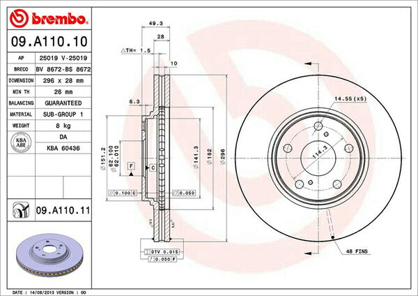 brembo BRAKE DISC トヨタ ハリアー ACU10W/MCU10W 2001/08〜2003/02 フロント左右セット 09.A110.10